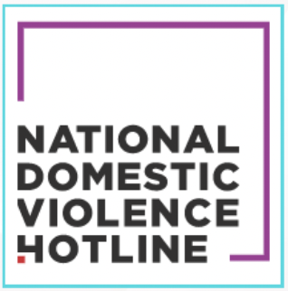 Light blue squat with a magenta square inside and National Domestic Violence Hotline at the bottom left corner in black writi